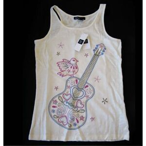 NEW Gap kids girls 8 M white guitar bird purple blue embroider tank top t-shirt
